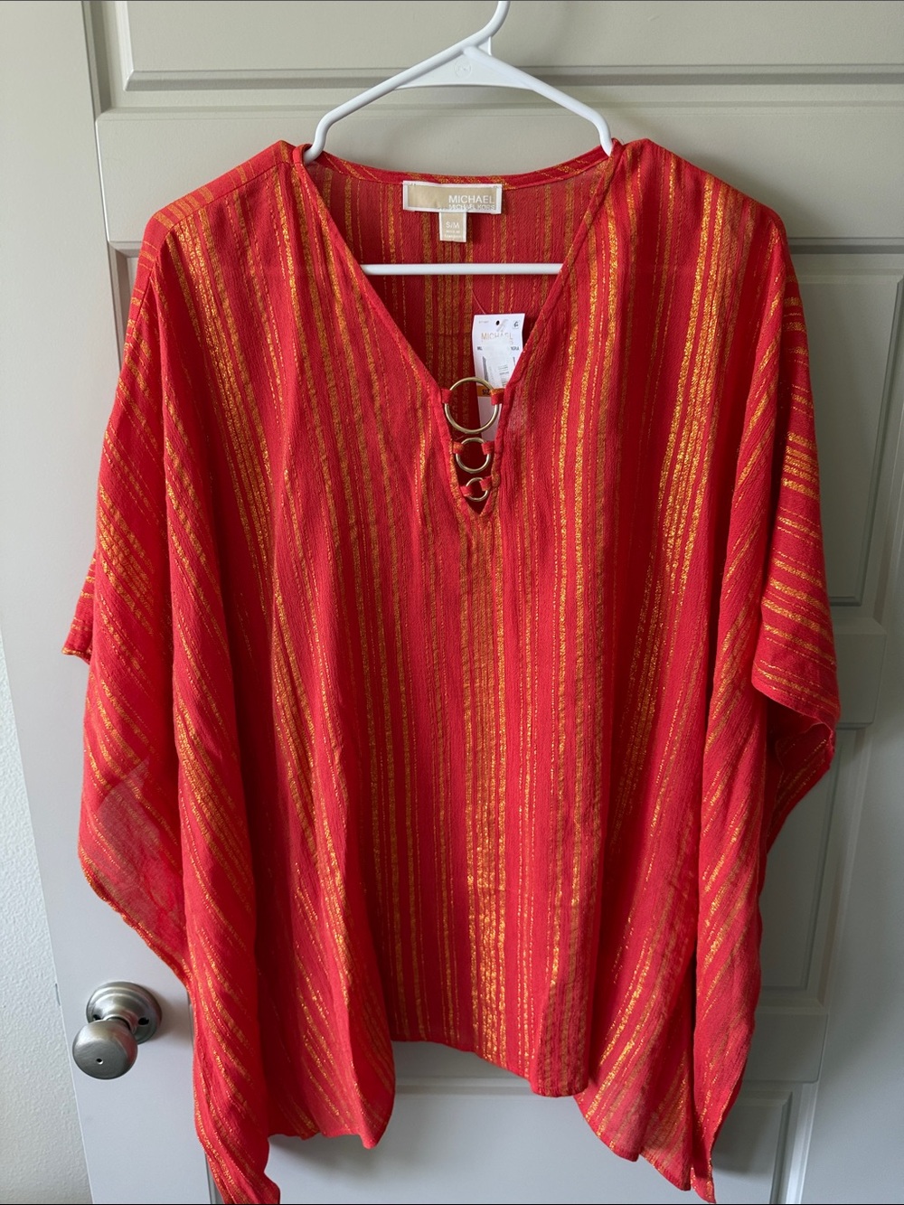 Michael Kors Orange Tunic with Gold Metallic Stripes and Ring Detail